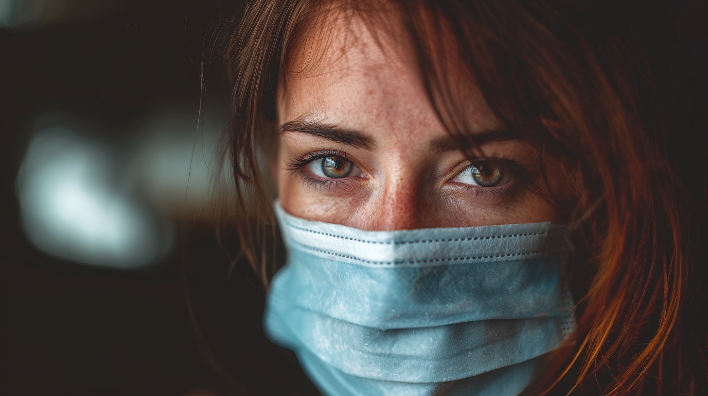 beautiful woman, wearing mouth mask, sad facial expression --chaos 20 --ar 16:9 --v 7 Job ID: bbc97a78-d6a4-4834-8550-c9a2ac6375ff